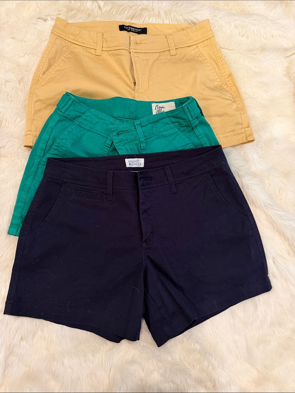 Bulk of shorts. Liverpool, Trio Chino Shorts 6/28–Navy, Teal & Mustard.